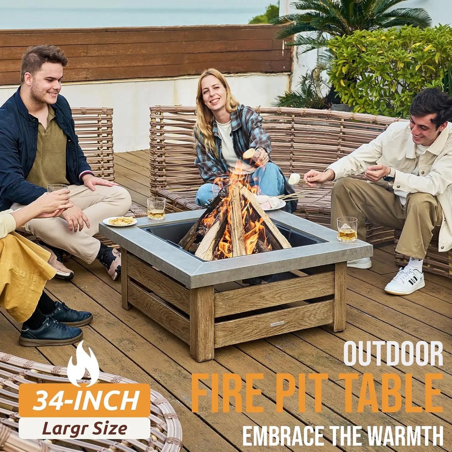 34" Wood Burning Fire Pit with Wood-Grain Side Panels with Mesh Cover