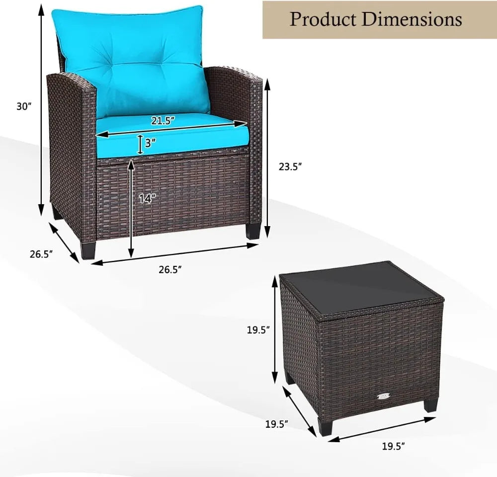 3‑Piece Patio Furniture Set – Outdoor Chairs with Washable Cushions & Tempered Glass Table