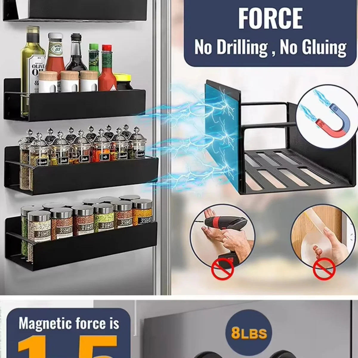 4‑Pack Magnetic Spice Storage Racks – Metal Fridge‑Mounted Shelves for Kitchen Organization