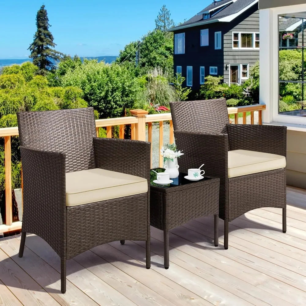 3-Piece Outdoor Patio Set: Rattan Chairs, Cushions, & Glass Top Table