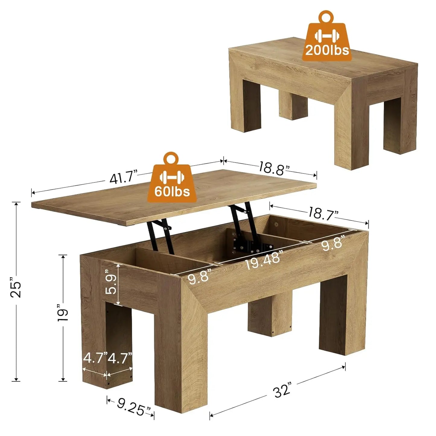 41" Lift Top Coffee Table, Wooden Rectangle with Hidden Storage