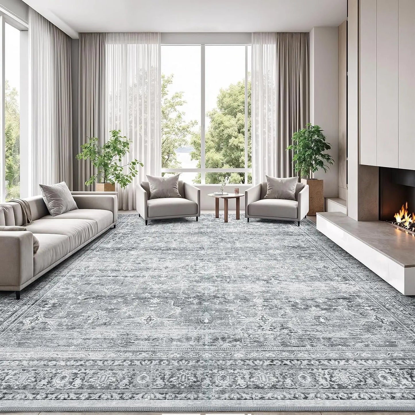 8x10 Washable Area Rug – Soft Grey Floral Design with Non‑Slip Backing