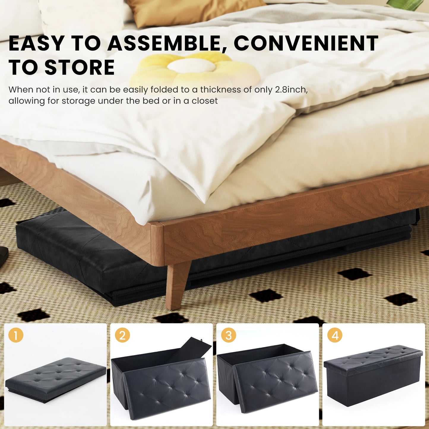 43" Leather Folding Ottoman – Storage Bench with Padded Seat