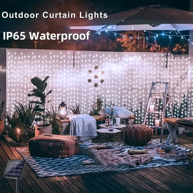 Outdoor Solar Curtain String Lights – Waterproof LED Set with 8 Lighting Modes