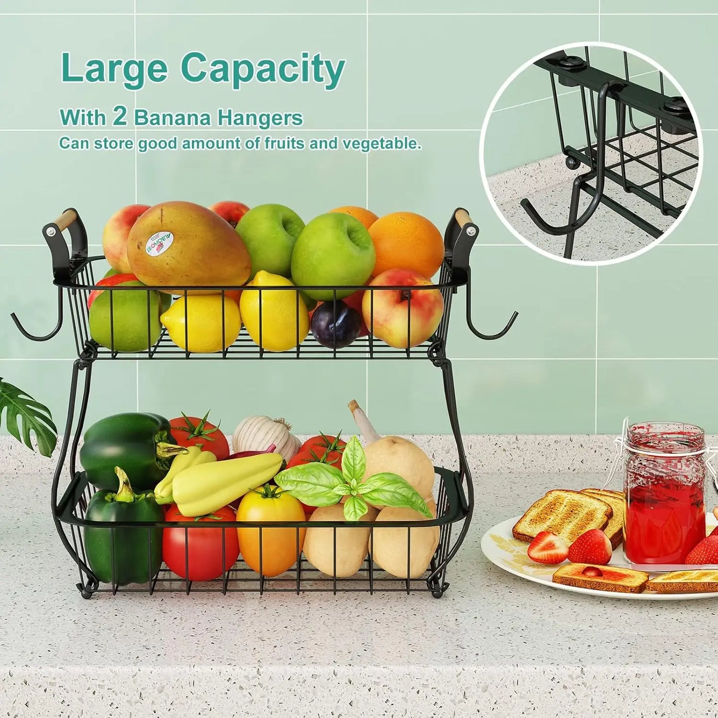 2‑Tier Metal Wire Fruit Basket with Banana Hanger – Kitchen Countertop Organizer