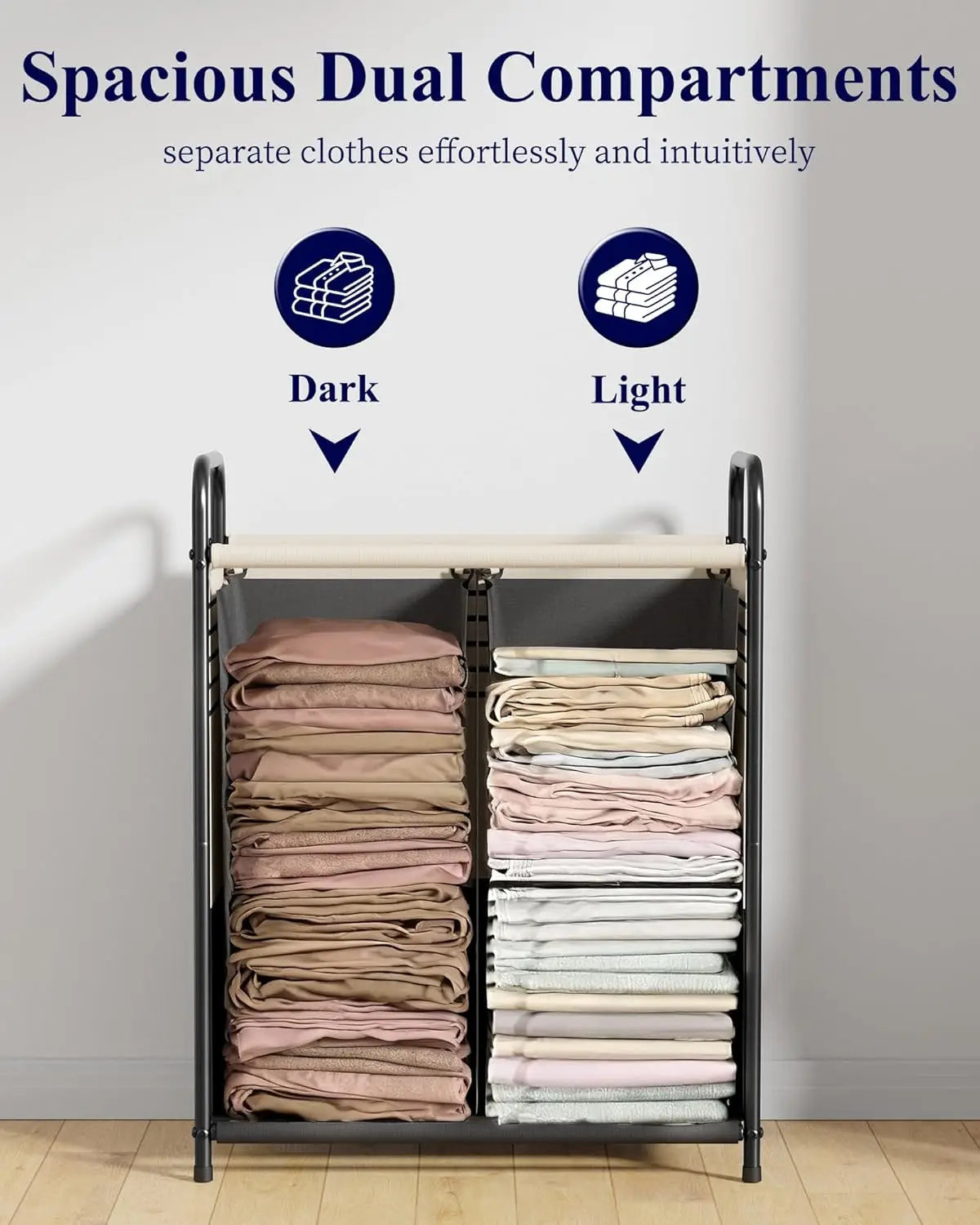 Spacious Laundry Hamper with Lid & Removable Bags, Portable Double-Section Basket for Bedroom, Bathroom, Dorm