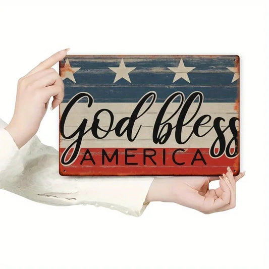 Vintage "God Bless America" Patriotic Tin Sign - Rustic 8x12" Metal Wall Decor for Independence Day