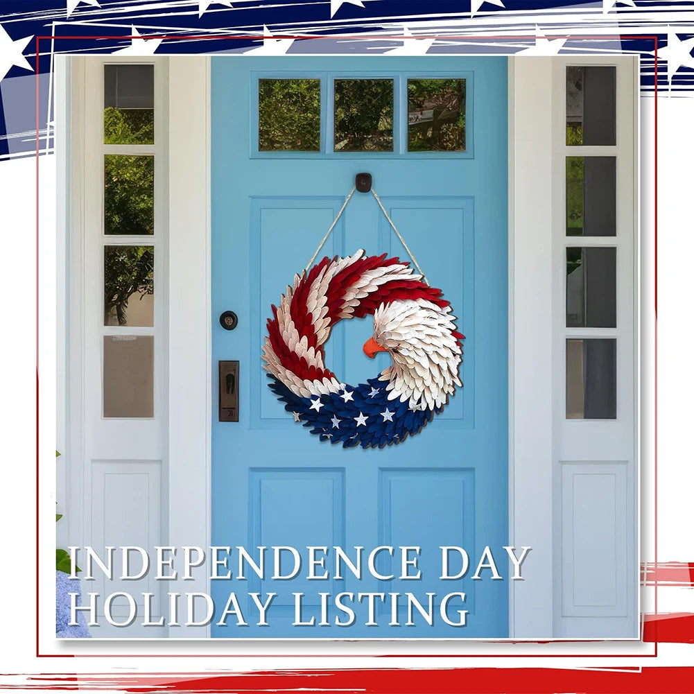 Independence Day Front Door Sign - Wall Hanging Round Wooden Plaque Patriotic Decor Garland