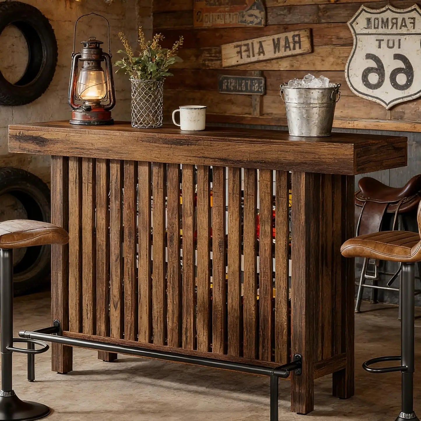 63" Counter Height Bar Table with Footrest 2-Tier Storage Shelf
