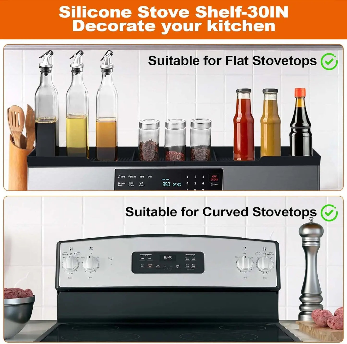Magnetic Stove Top Shelf with 3 Partitions, Silicone Material for Kitchen Spice Rack Organizer in Black