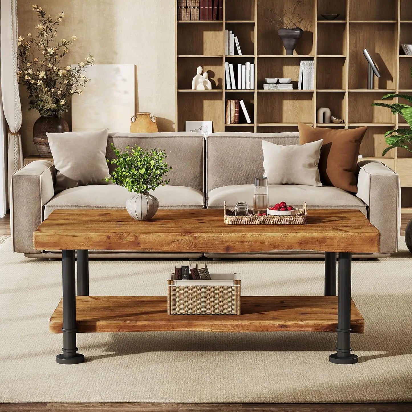 47" Coffee Table, Farmhouse Solid Wood Accent Center Table with 2-Tier Live Edge Shelf & Metal Legs, Rectangular