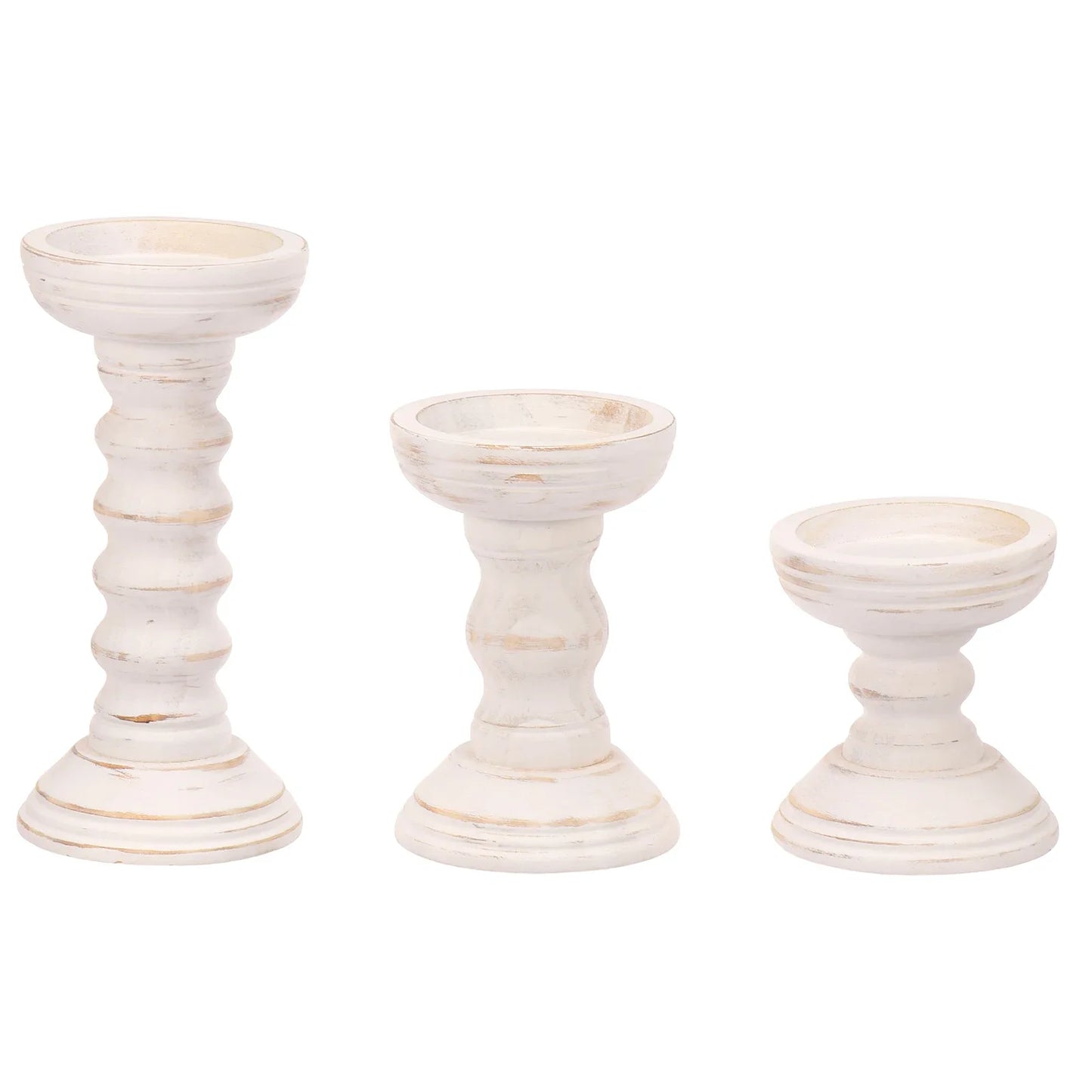 Whitewashed Wooden Pillar Holders – Vintage Carved Candle Stands (Set of 3)