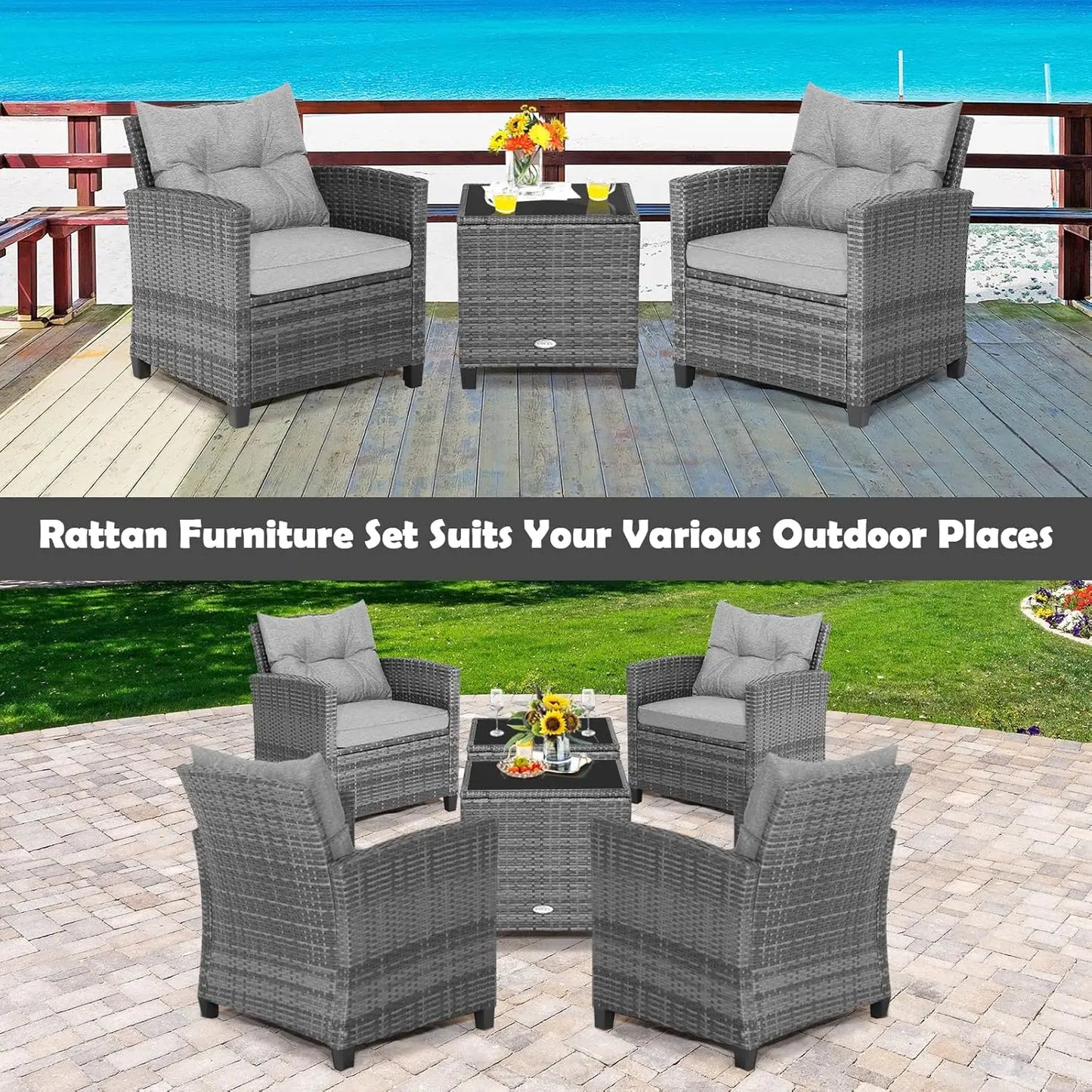 3 Pieces Patio Furniture Set, Outdoor Rattan Chair Set with Tempered Glass Side Table