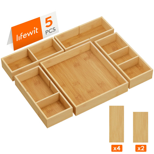 Adjustable Bamboo Wooden Drawer Dividers, Stackable Storage Box