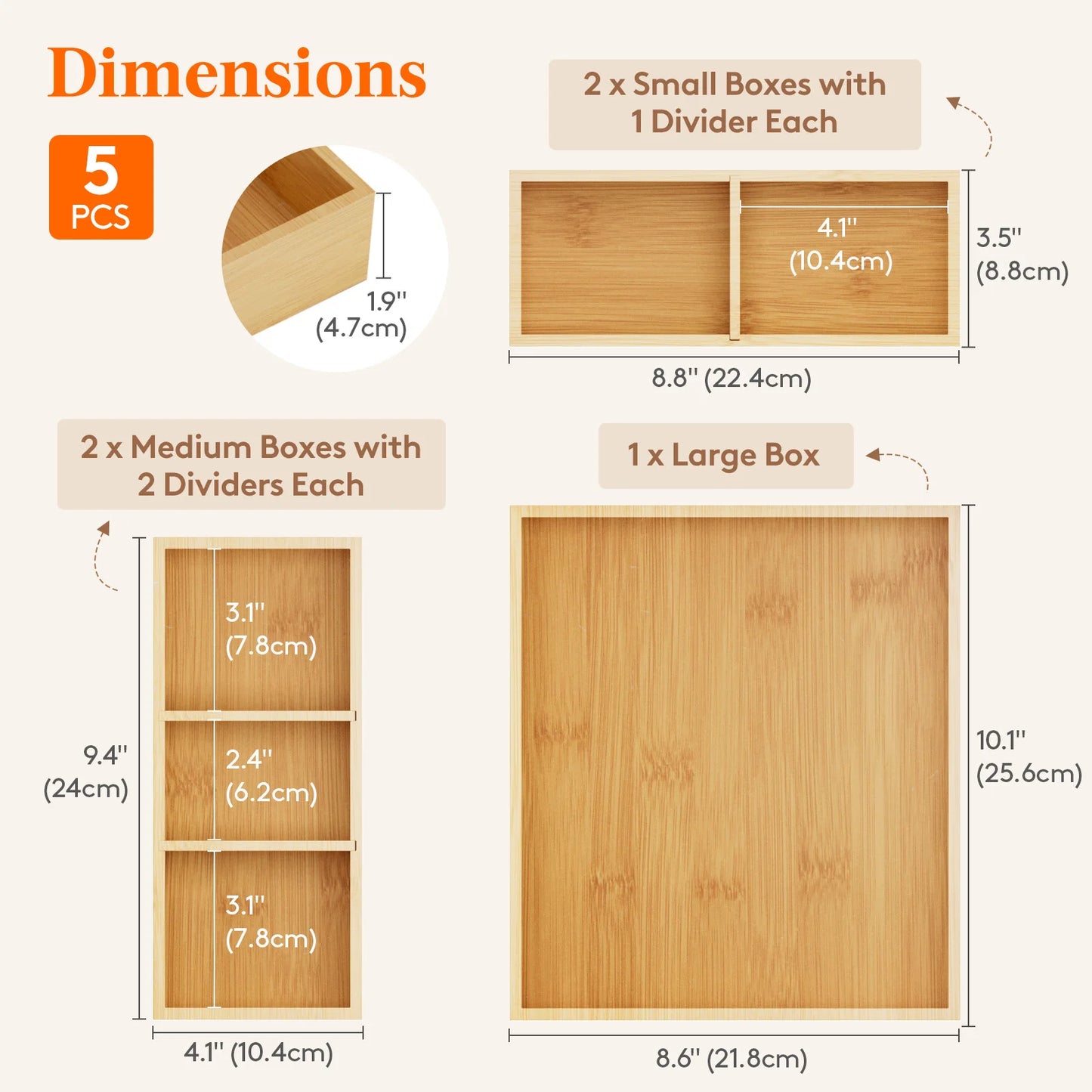 Adjustable Bamboo Wooden Drawer Dividers, Stackable Storage Box