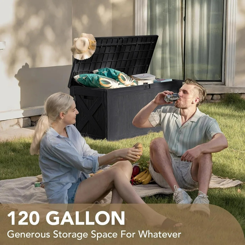 120‑Gallon Resin Deck Box – Large Waterproof Outdoor Storage Bench for Patio with Lockable Lid