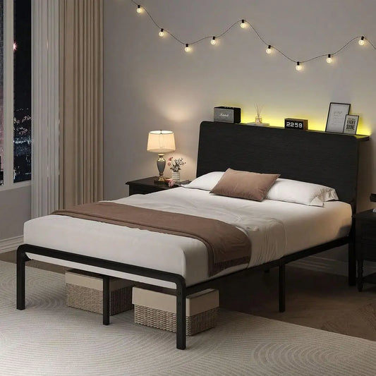 Full and Queen Bed Frame With LED Lights, Metal Bed Frame With Wooden Headboard Storage Shelf, Under Bed Storage, No Box Spring Req