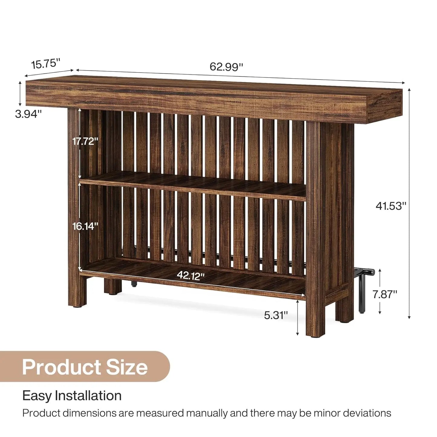 63" Counter Height Bar Table with Footrest 2-Tier Storage Shelf
