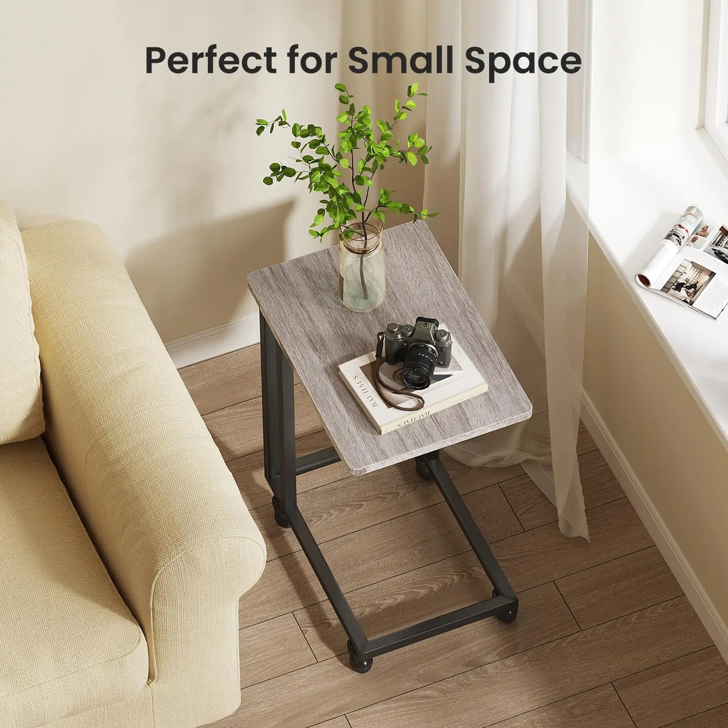 Wood Sofa Table with Wheels – Portable Overbed & Bedside Desk with Adjustable Feet and Metal Frame