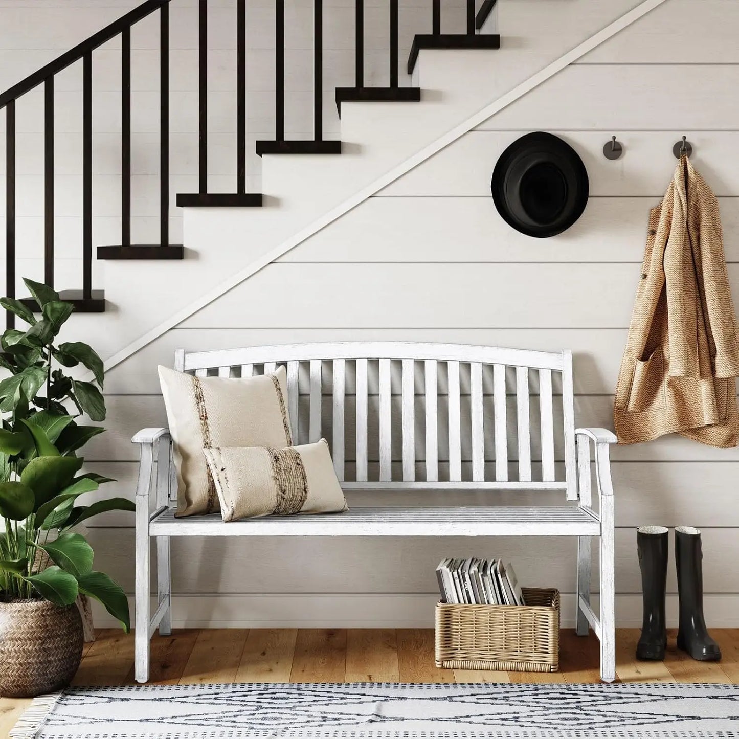 52" Farmhouse Outdoor Bench, Garden Bench with Faux Wood Grain Finish Frame and Aluminum Backrest, for Front Porch