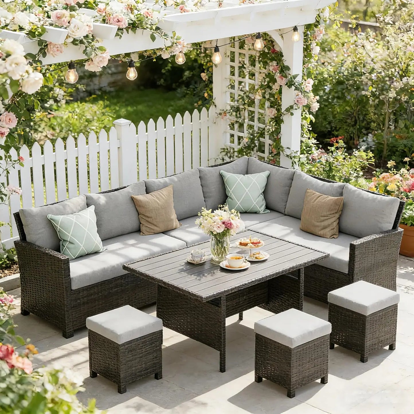 7 Piece Patio Furniture Set, High Curved Back, Wicker, All Weather Outdoor