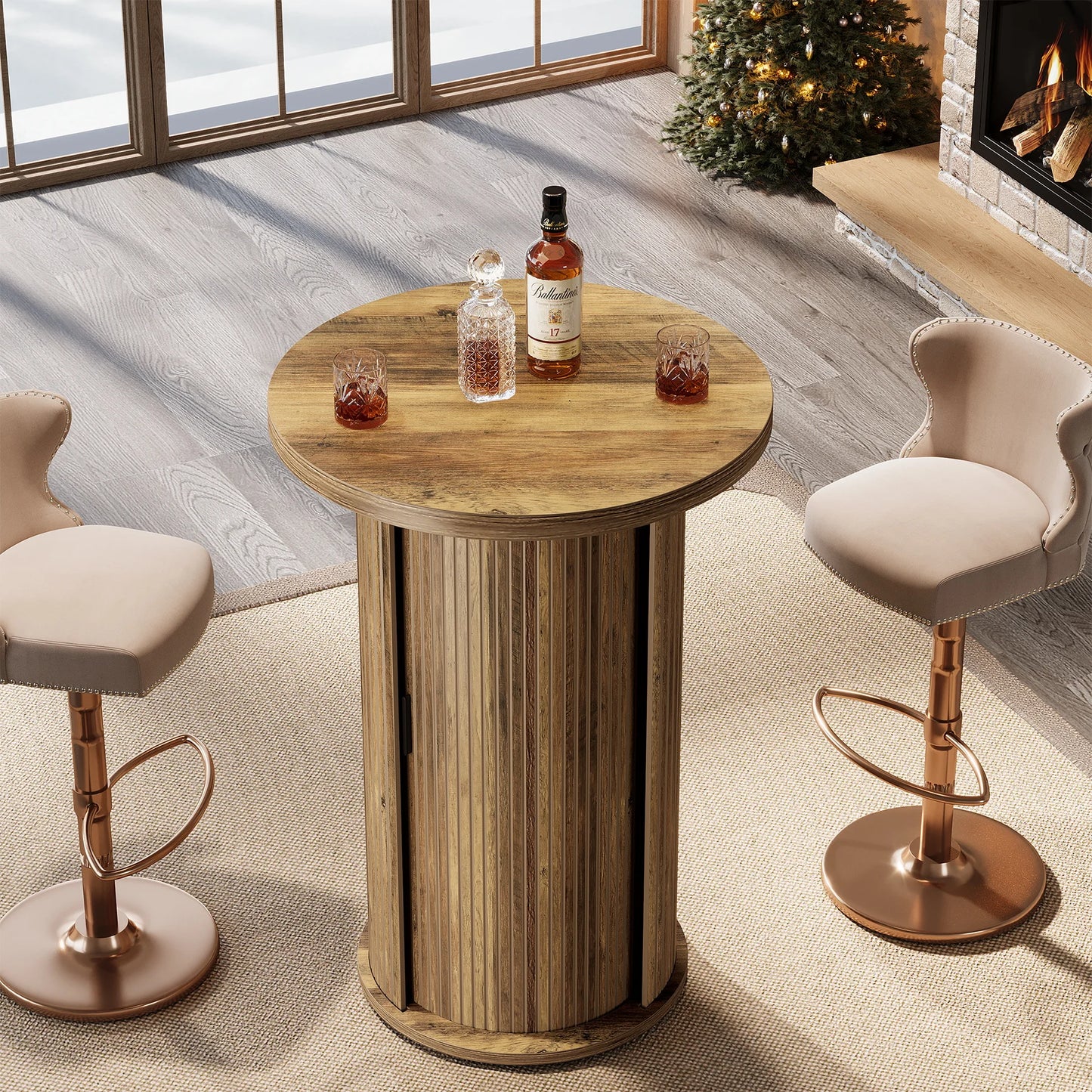 Round Pub Table, Rustic Cocktail Table with 3-Tier Hidden Storage Shelves