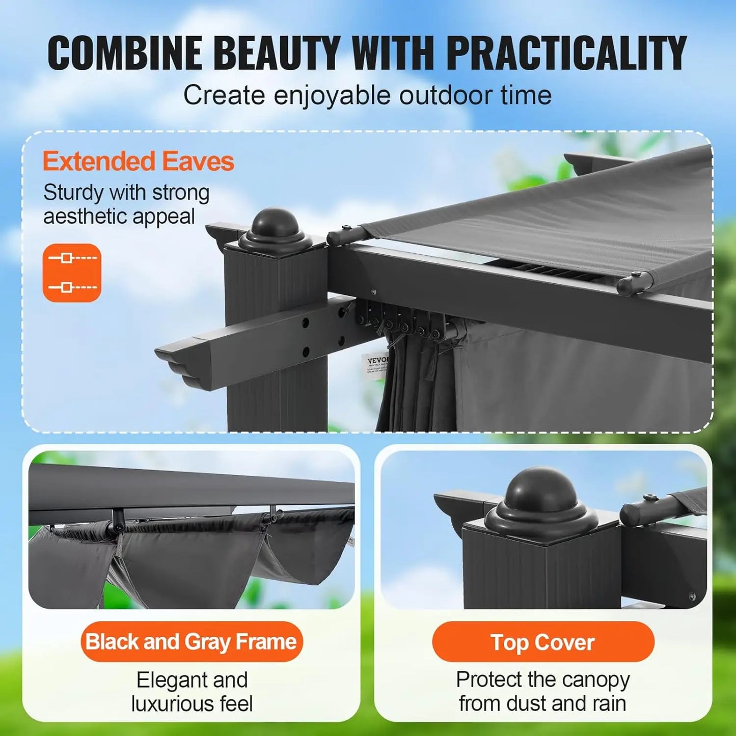 10'x10' Outdoor Retractable Pergola with Canopy, Aluminum
