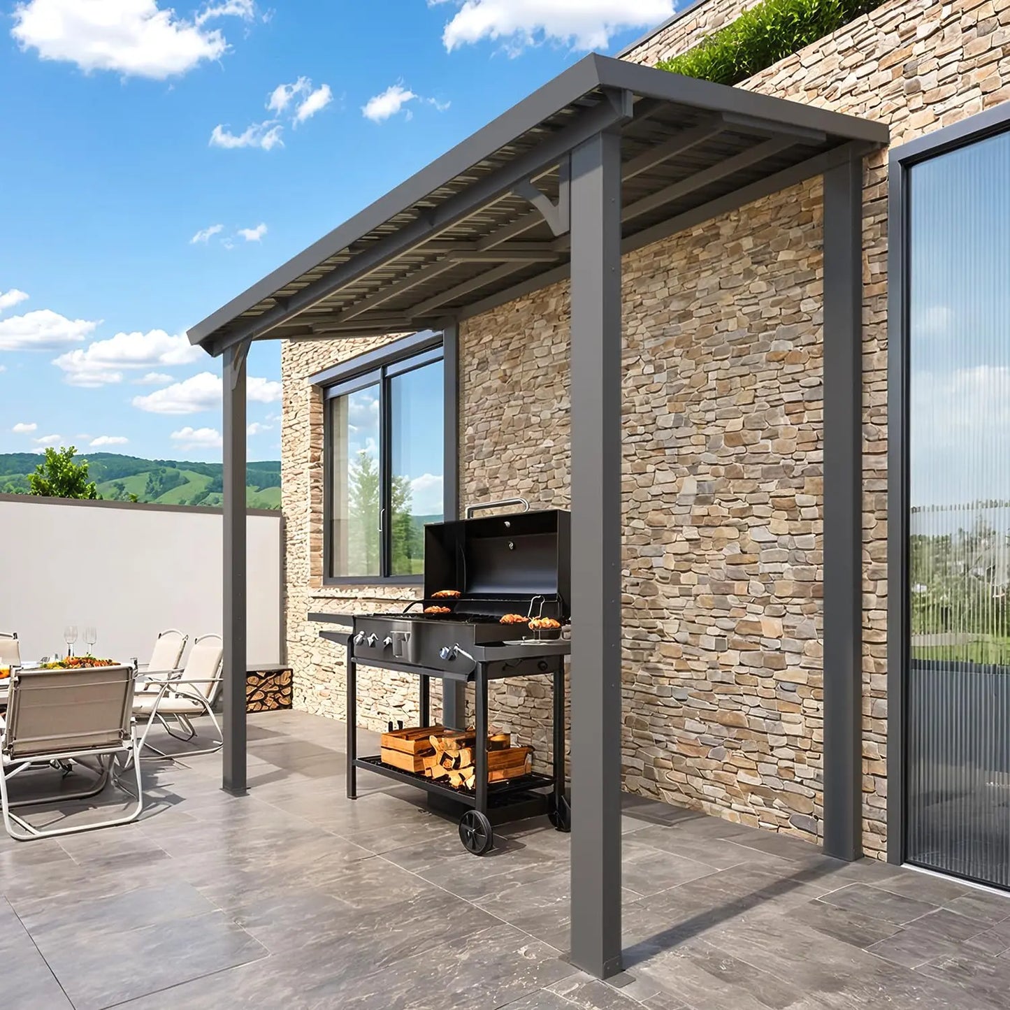 Lean-to Hardtop Grill Gazebo Shelter with Roof, Wall-Mounted Heavy Duty Awning for Patio, Deck, or Outdoor BBQ
