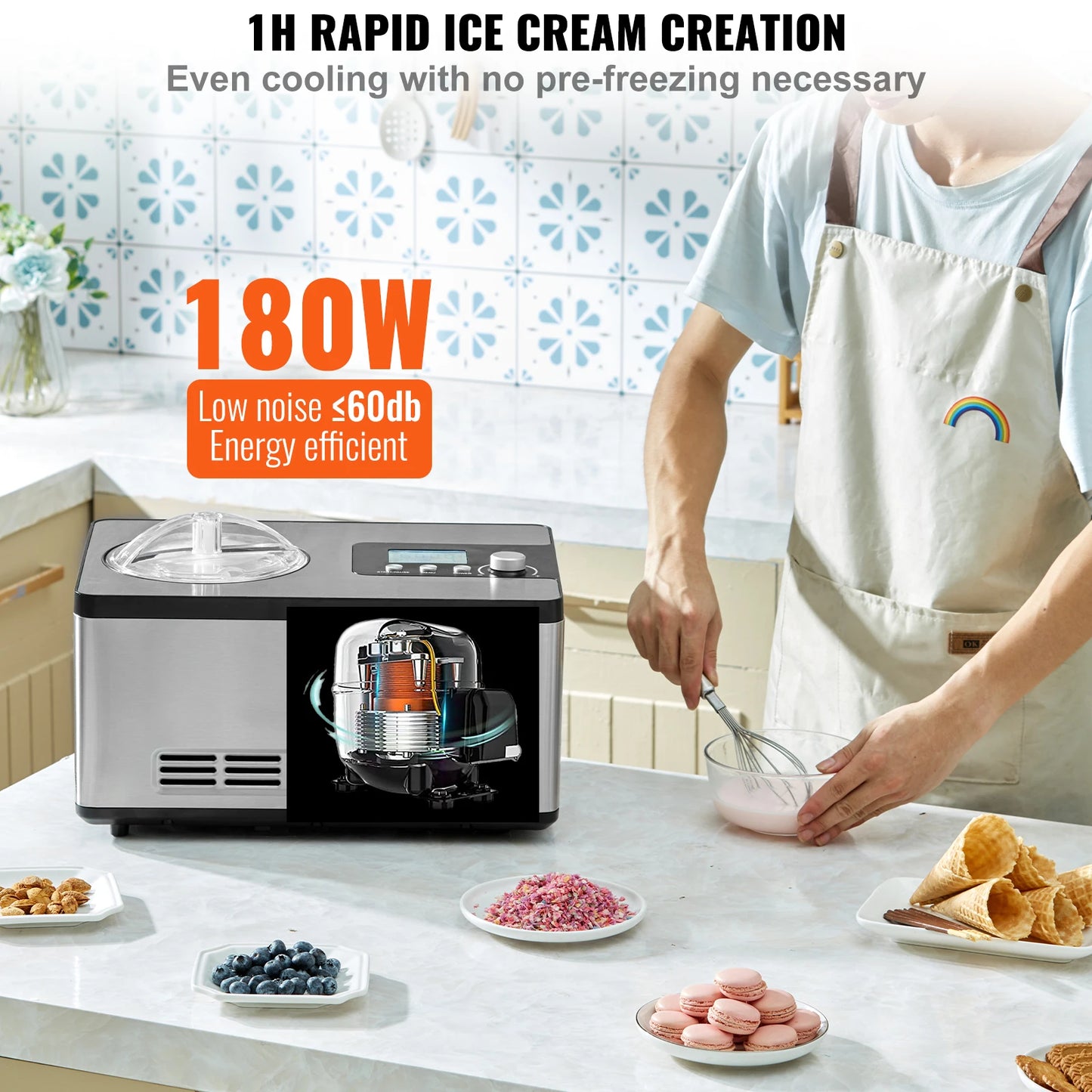 Automatic Ice Cream Maker with Built-in Compressor, 2 Quart No Pre-freezing, Fruit Yogurt Machine, Electric Sorbet Maker