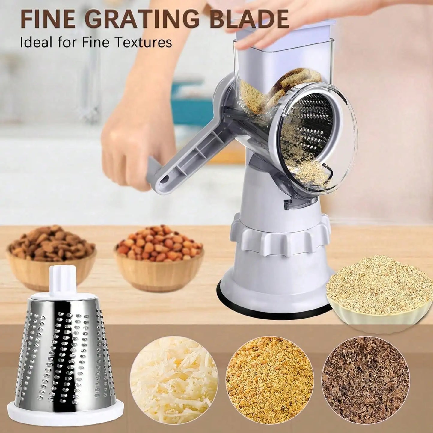Rotary Cheese Grater Hand Crank - Vegetable Slicer with 3 Stainless Steel Blades