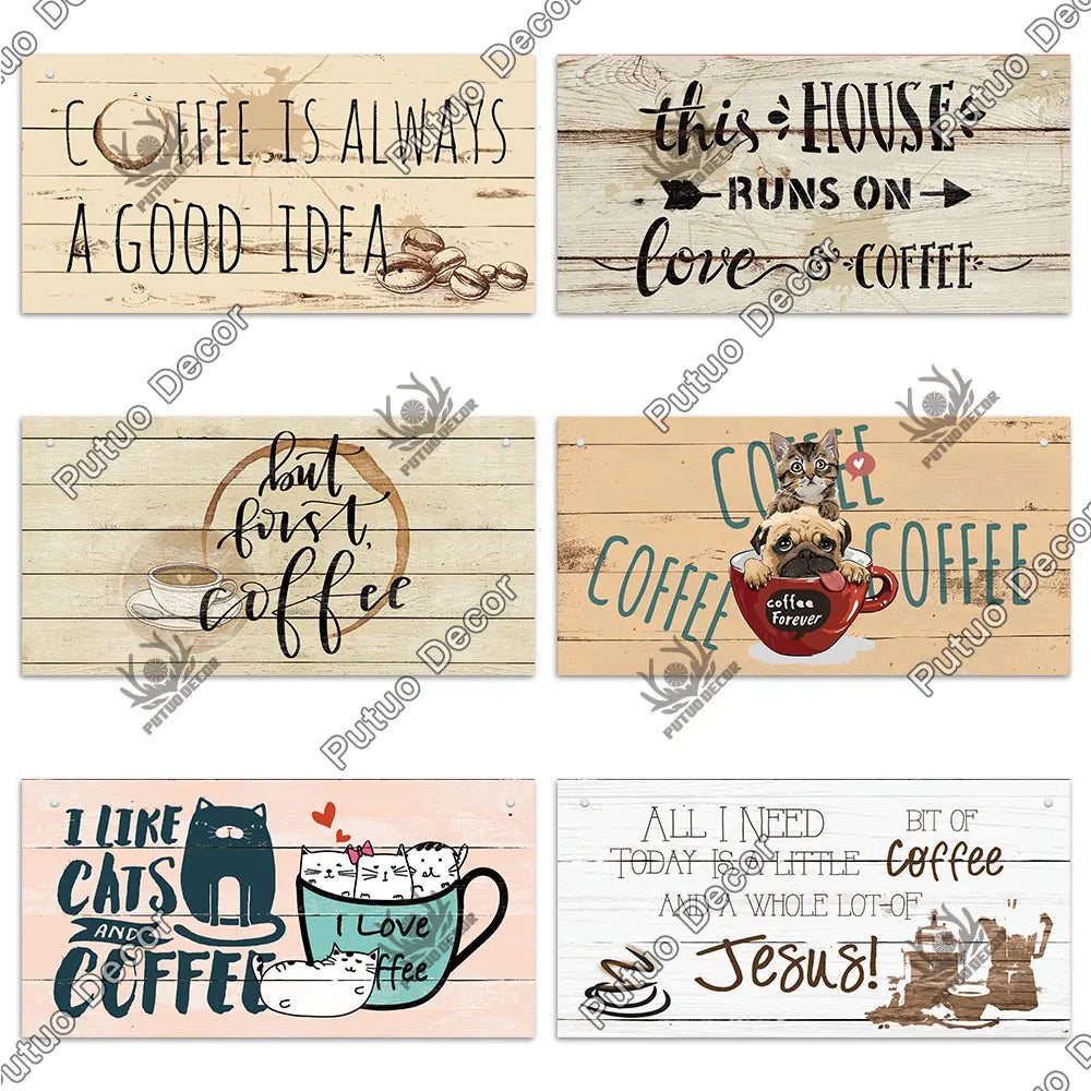 Decor Coffee Wooden Signs - Plaque Wood Plate Rustic Hanging for Cafe, Bar, or Kitchen