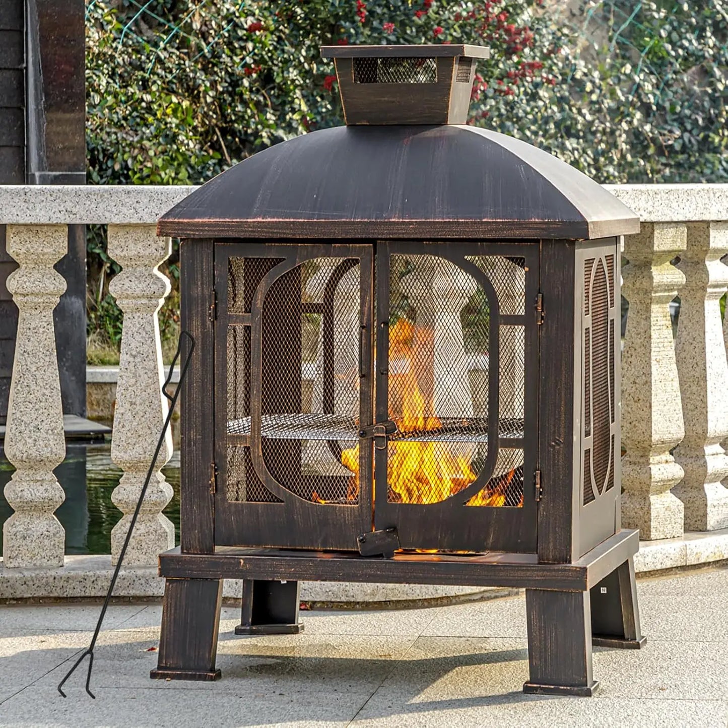 45"H×31''W Metal Square Chiminea Fire Pit with Grill, Wood Burning Fire Pits for Outside