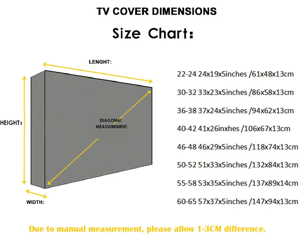 Outdoor Patio TV Screen Cover from 22" to 70" - Weatherproof and Dust-proof