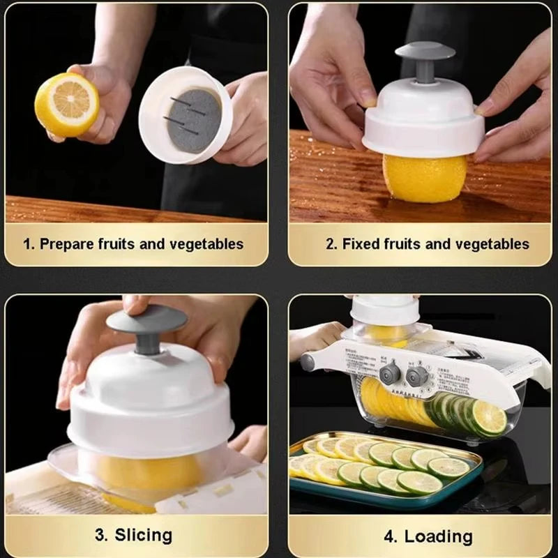 Adjustable Vegetable Slicer – Multi‑Blade Food Cutter & Julienne Machine with Drain Basket