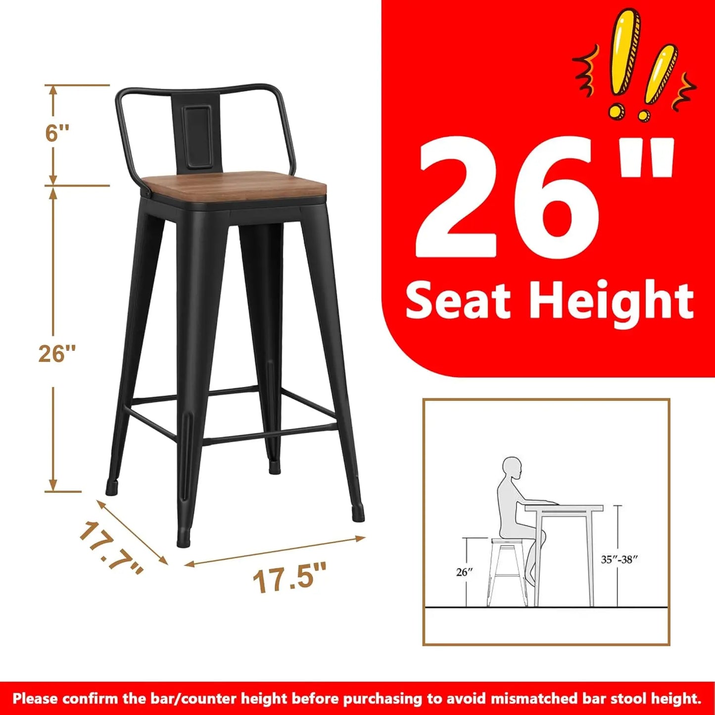 Set of 4 Black Metal Bar Stools with Removable Back, Wooden Seat, 26" Counter Height, Stackable Design