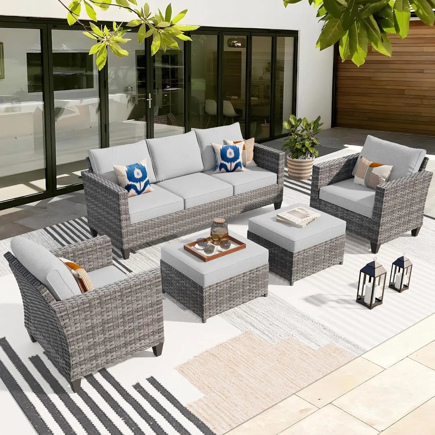 5 Piece Patio Outdoor Wicker Furniture Set - Sofa Couch With Chairs and Ottomans