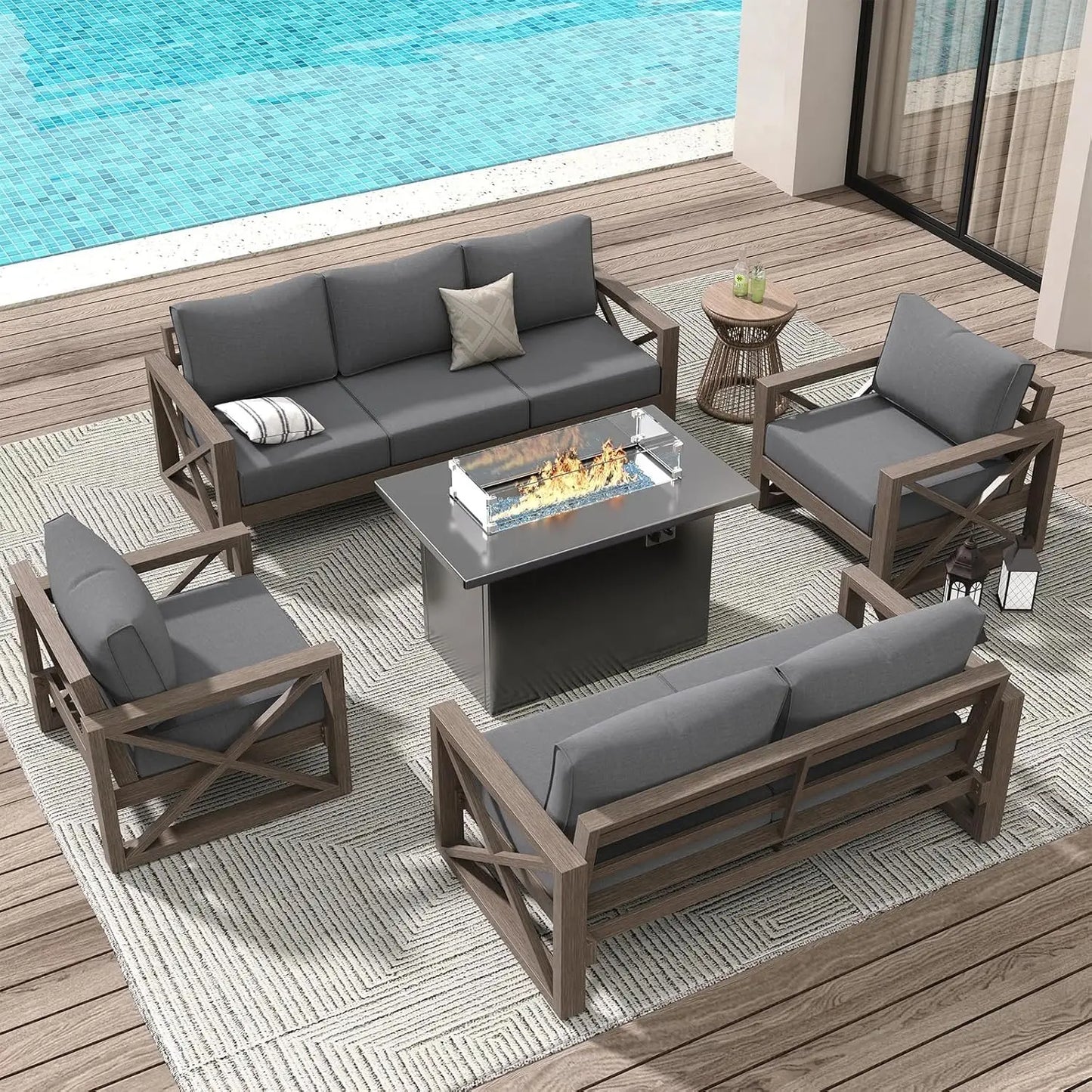 8‑Piece Aluminum Patio Sofa Set with Fire Pit – 6" Cushions, Waterproof Cover, Dark Grey