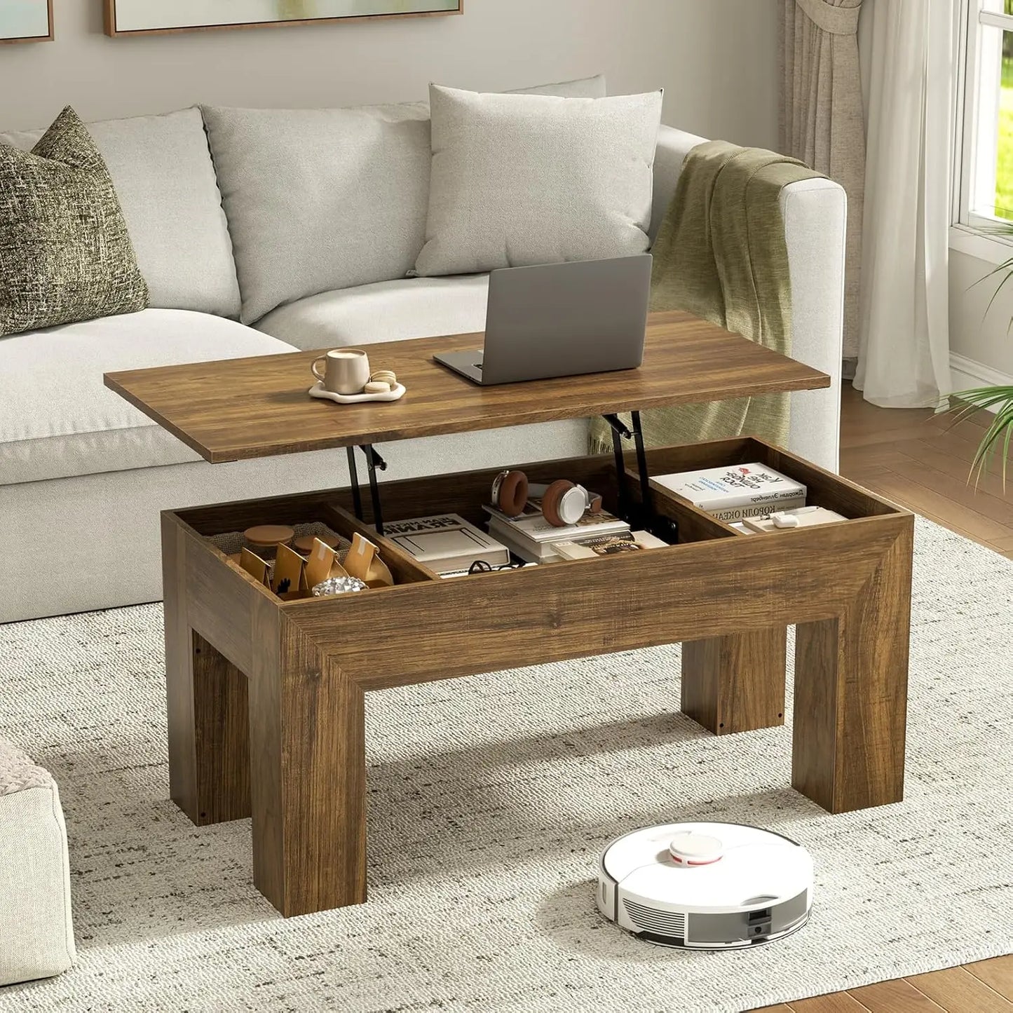 41" Lift Top Coffee Table, Wooden Rectangle with Hidden Storage