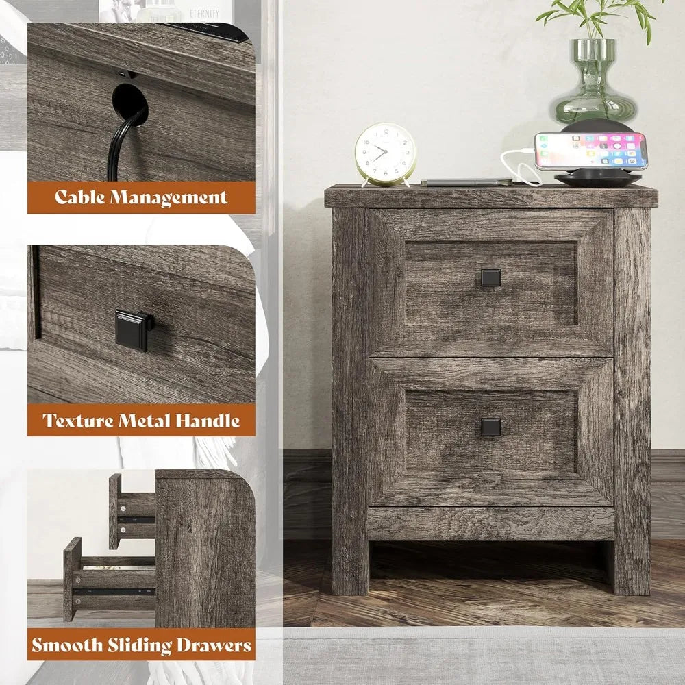 Set of 2 Farmhouse Nightstands – Rustic Bedside Tables with Storage & Charging Outlets