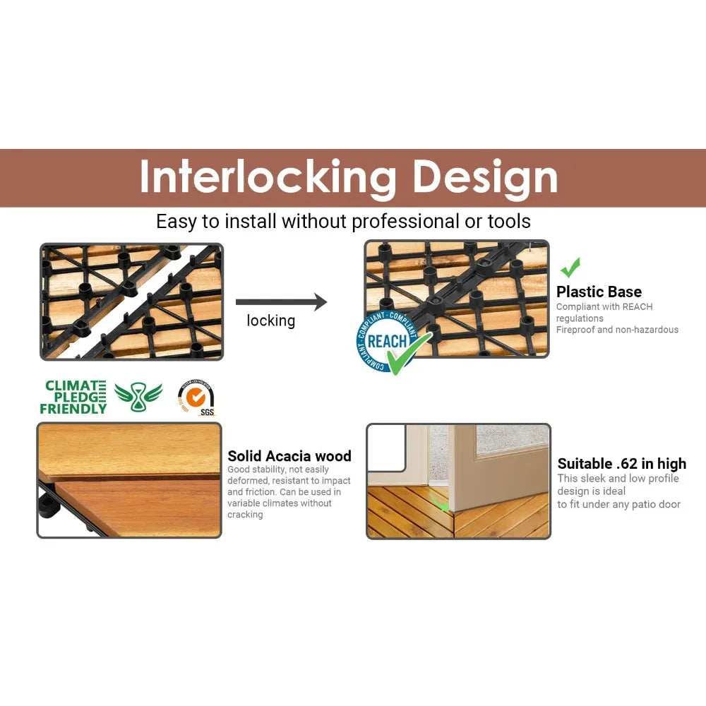 Solid Interlocking Wood Patio Tiles - 12" x 12" Indoor/Outdoor, Waterproof