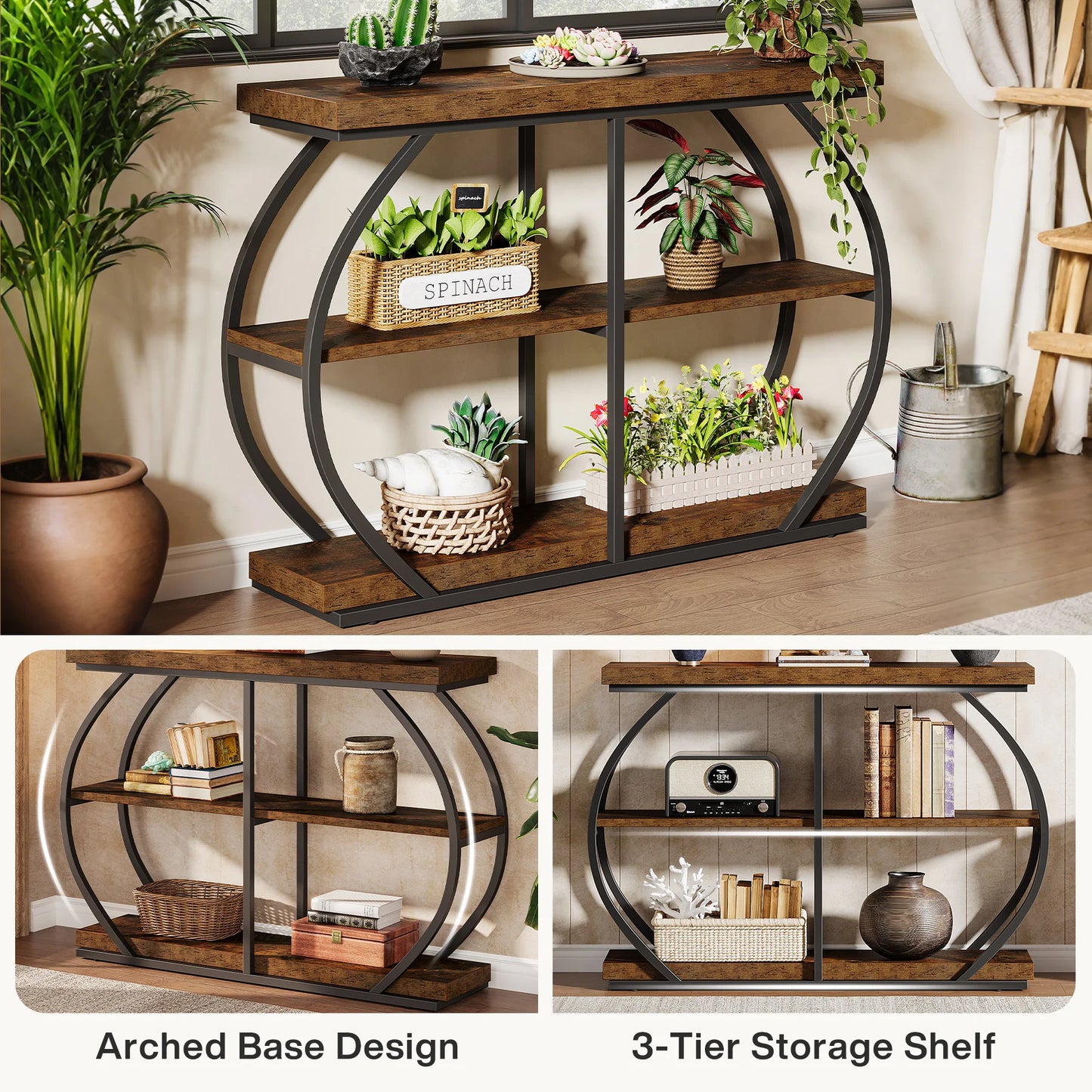 41" Console Table, 3-Tier Entryway Table with Arched Metal Frame and Storage Shelves for Living Room