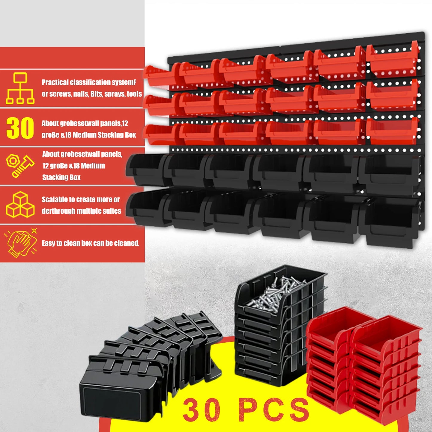 30‑Piece Wall‑Mounted Storage Bins Set – Plastic Garage Organizer Rack System for Tools & Hardware