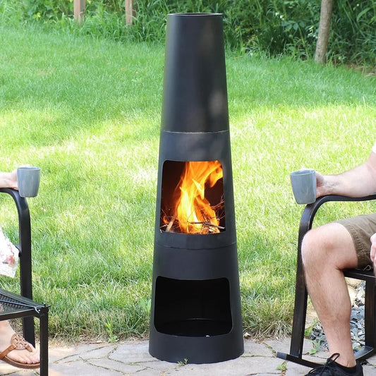 Chiminea Outdoor Fireplace with Poker and Cover - Outdoor Wood-Burning Fire Pit - Black