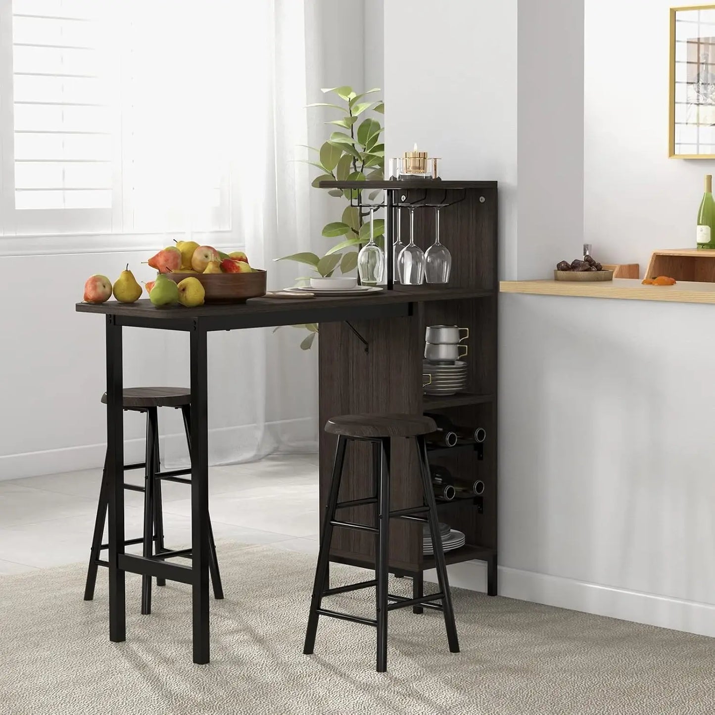3‑Piece Bar Table & Stool Set – Space‑Saving Design with Built‑In Glass Holder