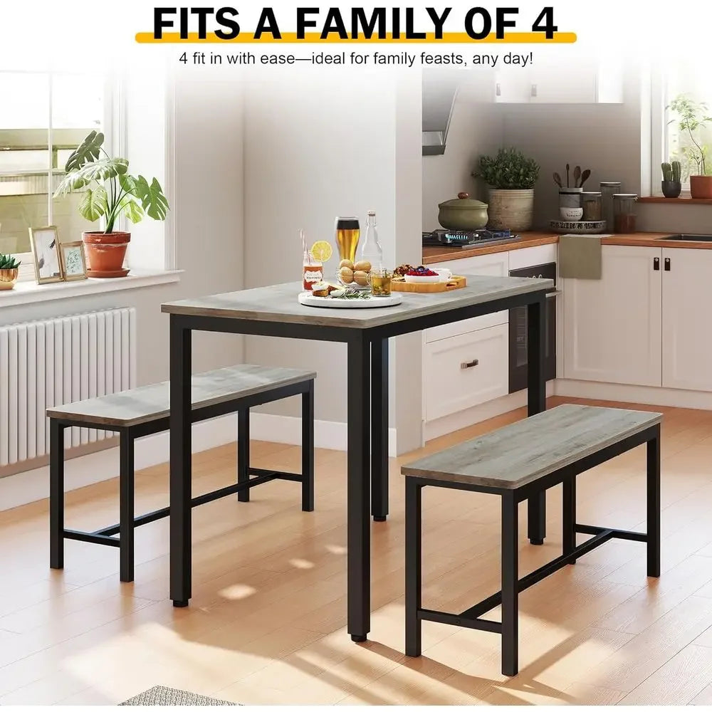 Durable 4-Person Dining Set with Bench, Easy Assembly, Grey