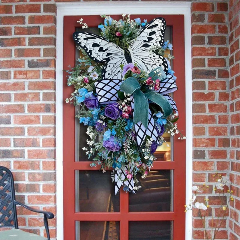 Spring & Summer Rose Butterfly Wreath – Artificial Floral Front Door Decoration