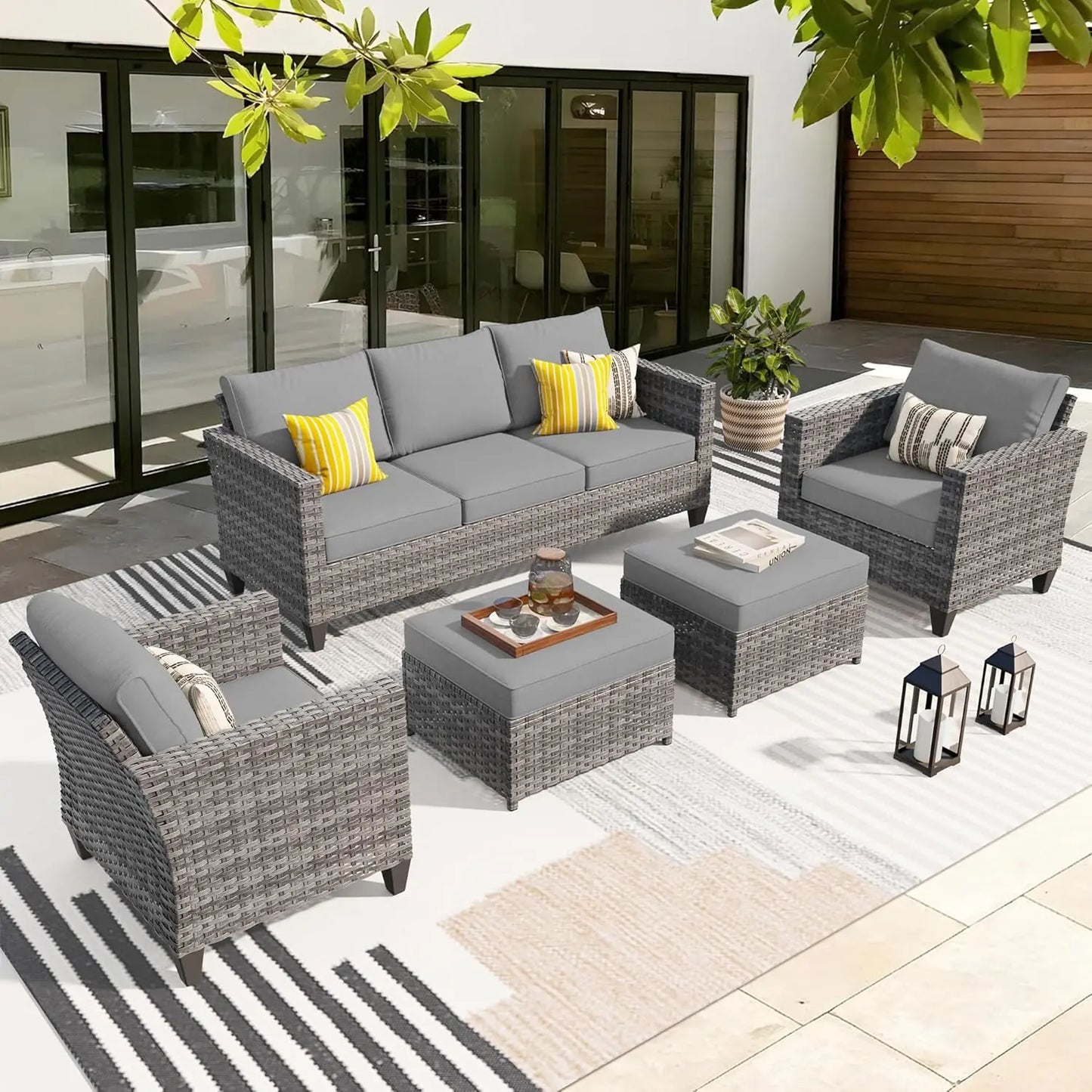 5 Piece Patio Outdoor Wicker Furniture Set - Sofa Couch With Chairs and Ottomans