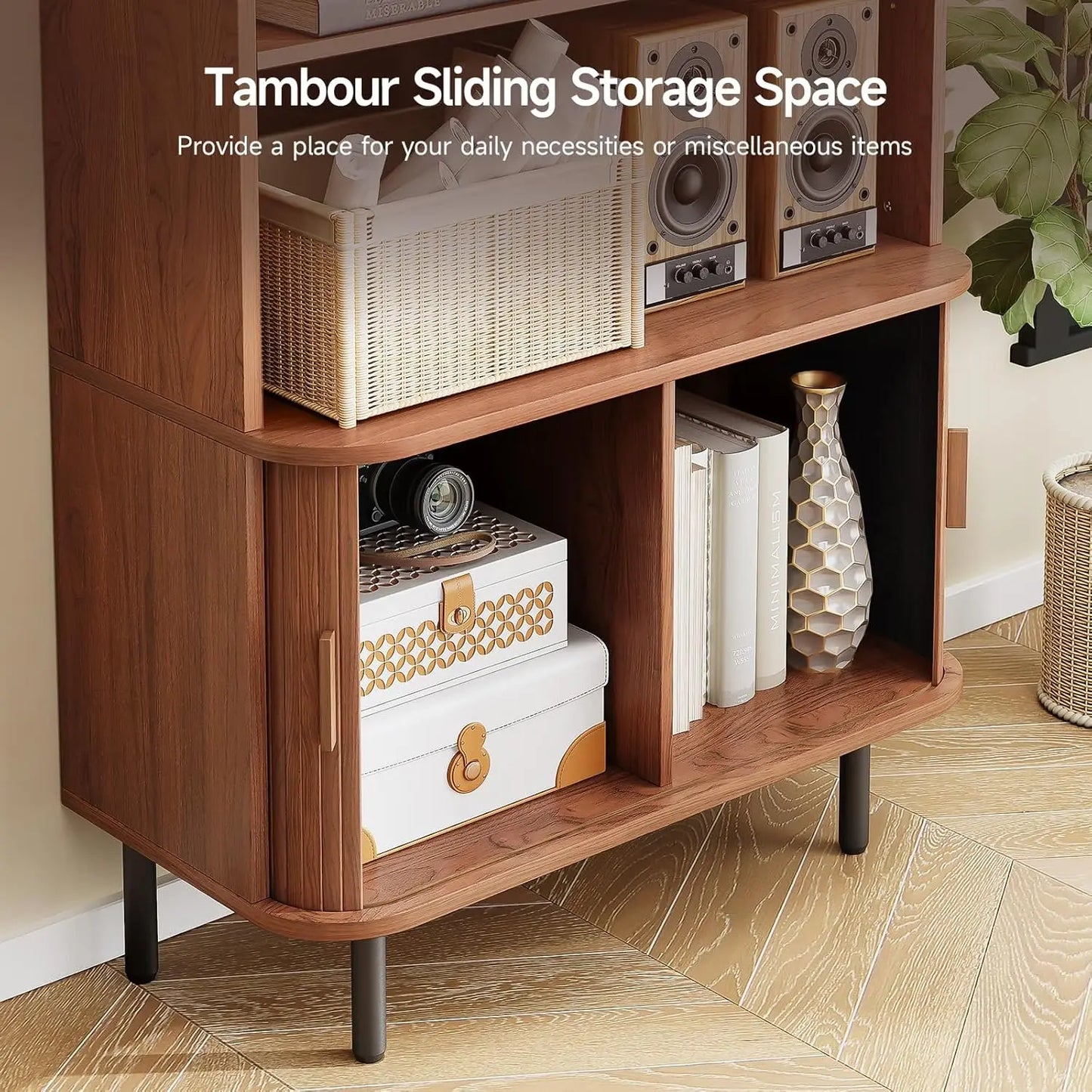 71" Mid-Century Modern Walnut Bookshelf | 4-Tier Bookcase with Sliding Door Cabinet