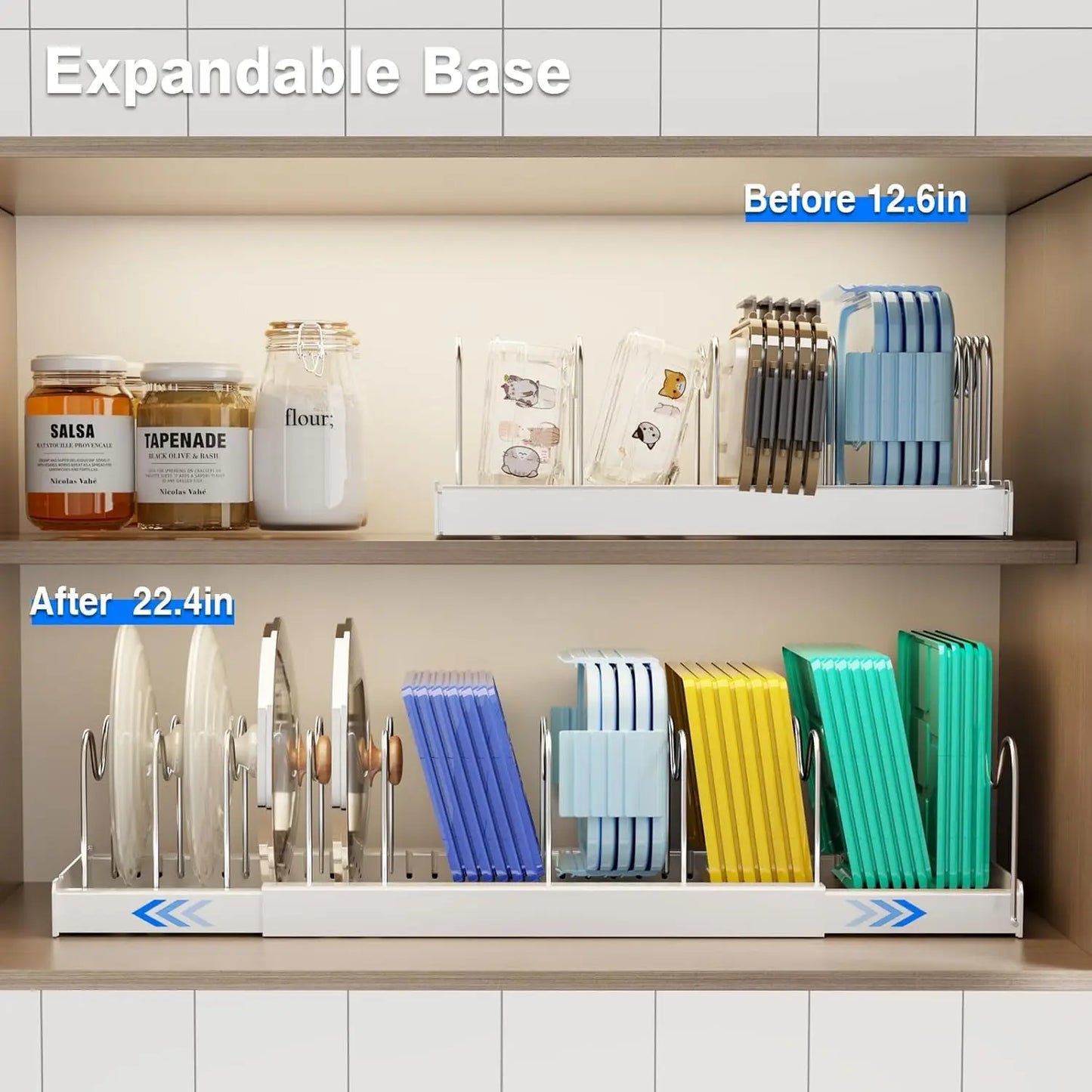 22" Expandable Pot & Pan Organizer – White Under‑Cabinet Rack with 9 Adjustable Dividers (2‑Pack)