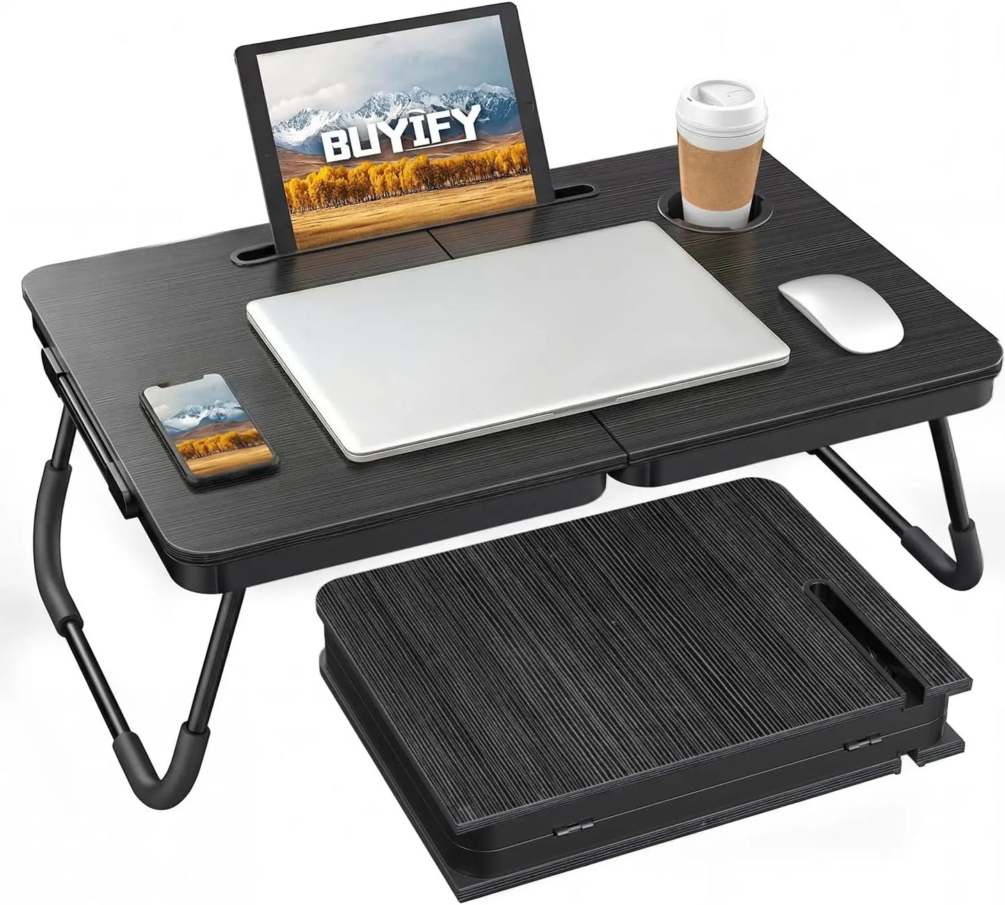 Large Foldable Laptop Tray – Bed/Sofa Desk with Cup Holder & Tablet Slot for Eating, Writing & Studying
